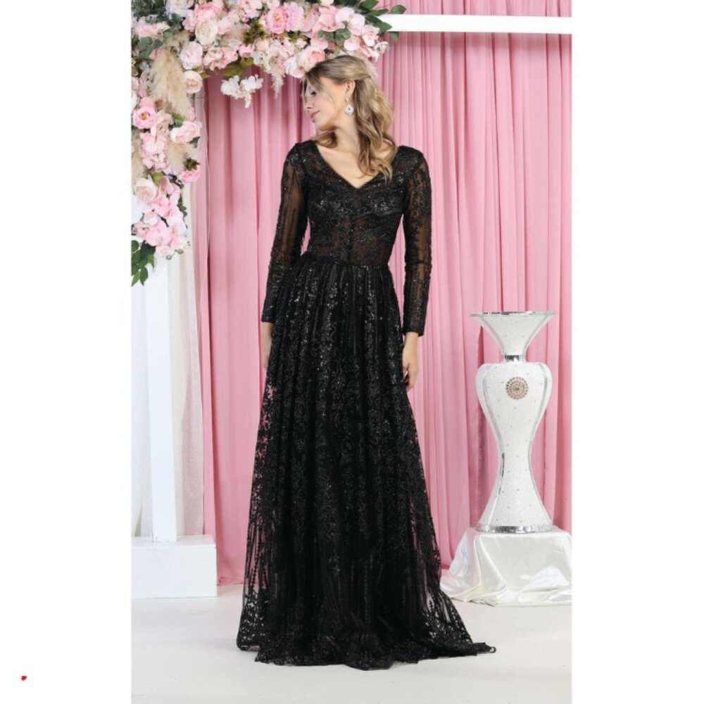 Black Prom Long V-Neck Long Sleeves A-Line Dress By Royal Queen RQ7920